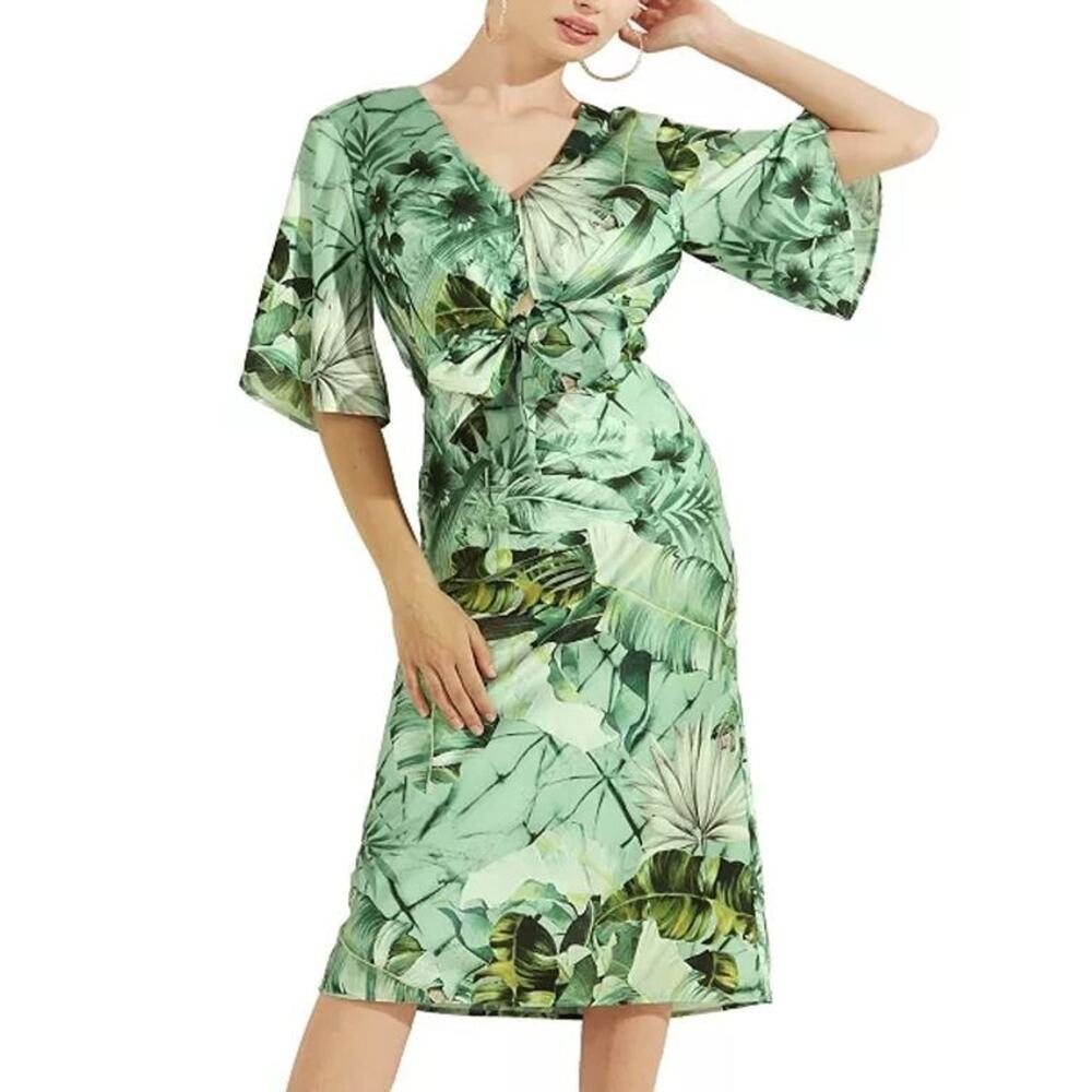 Guess Women's Ariel Tropical 3/4 Sleeve‎ Print Dress in Banana Leaf Medium $128